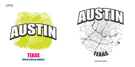 Austin, Texas, logo design. Two in one vector arts. Big logo with vintage letters with nice colored background and one-color-version with map for every possible print production.のイラスト素材