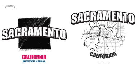 Sacramento, California, logo design. Two in one vector arts. Big logo with vintage letters with nice colored background and one-color-version with map for every possible print production.のイラスト素材