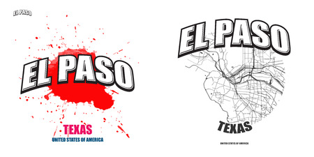 El Paso, Texas, logo design. Two in one vector arts. Big logo with vintage letters with nice colored background and one-color-version with map for every possible print production.のイラスト素材