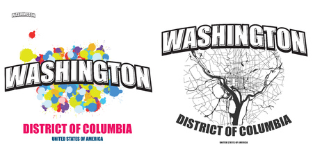 Washington, DC, logo design. Two in one vector arts. Big logo with vintage letters with nice colored background and one-color-version with map for every possible print production.のイラスト素材