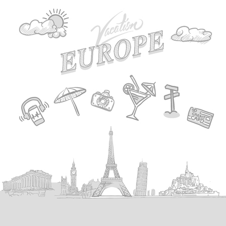Europe travel marketing cover, set of hand drawn a vector sketchesのイラスト素材