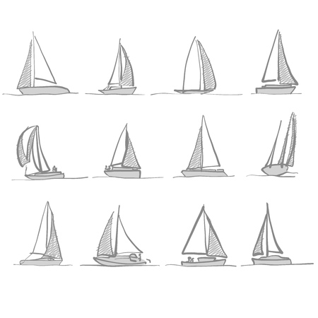 Sailing boat drawings, hand-drawn iconsのイラスト素材