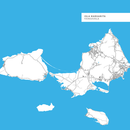Map of Isla Margarita, Venezuela, contains geography outlines for land mass, water, major roads and minor roads.のイラスト素材