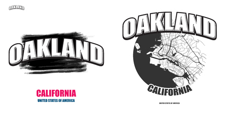 Oakland, California, logo design. Two in one vector arts. Big logo with vintage letters with nice colored background and one-color-version with map for every possible print production.のイラスト素材