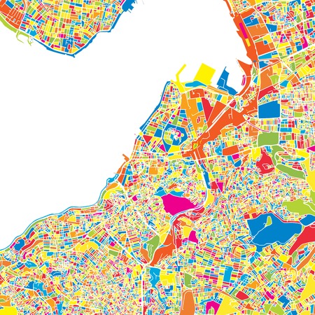 Izmir, Turkey, colorful vector map. White streets, railways and water. Bright colored landmark shapes. Art print pattern.のイラスト素材