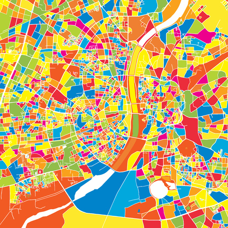 Ahmedabad, India, colorful vector map.  White streets, railways and water. Bright colored landmark shapes. Art print pattern.のイラスト素材