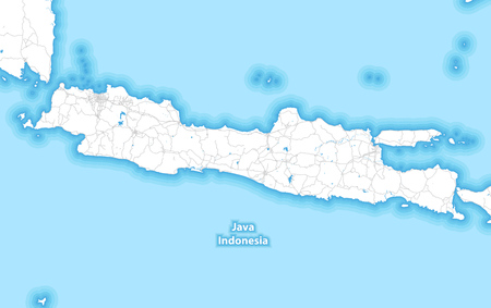 Two-toned map of the island of Java, Indonesia with the largest highways, roads and surrounding islands and isletsのイラスト素材