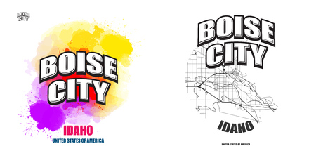 Boise City, Idaho, design. Two in one vector arts. Big with vintage letters with nice colored background and one-color-version with map for every possible print production.のイラスト素材