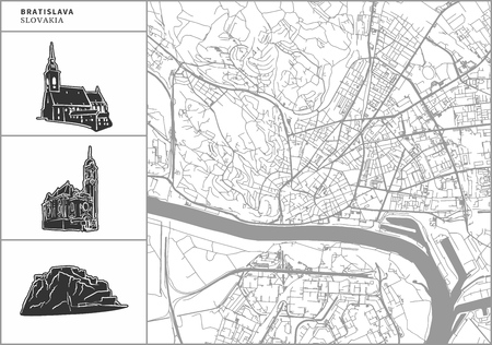 Bratislava city map with hand-drawn architecture icons. All drawigns, map and background separated for easy color change. Easy repositioning in vector version.のイラスト素材