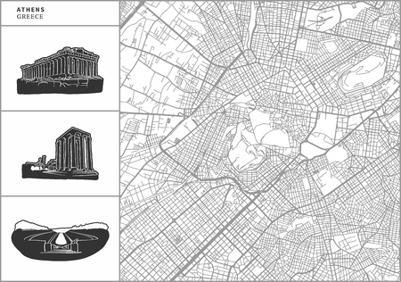 Athens city map with hand-drawn architecture icons. All drawigns, map and background separated for easy color change. Easy repositioning in vector version.のイラスト素材
