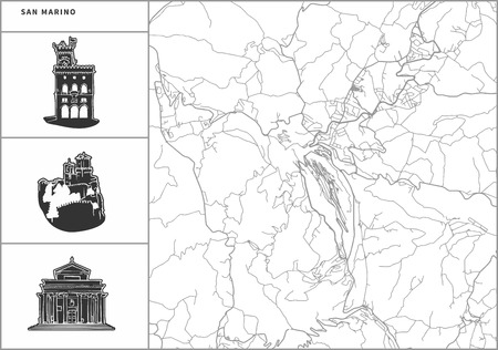 San Marino city map with hand-drawn architecture icons. All drawigns, map and background separated for easy color change. Easy repositioning in vector version.のイラスト素材