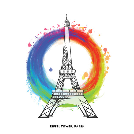 Paris Eiffel Tower drawing. Hand-drawn vecor sketch with colored background splashes. Travel landmarkのイラスト素材