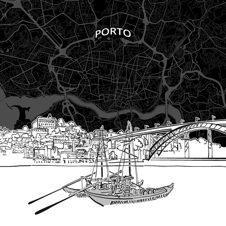 Hand drawn sketch of Porto food. Vector drawing of Skyline, Portugal. Black and white illustration concept.のイラスト素材