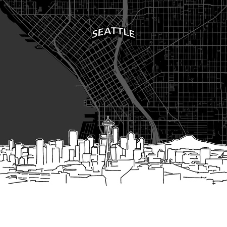 Hand drawn sketch of Seattle food. Vector drawing of skyline with map, USA. Black and white illustration concept.のイラスト素材