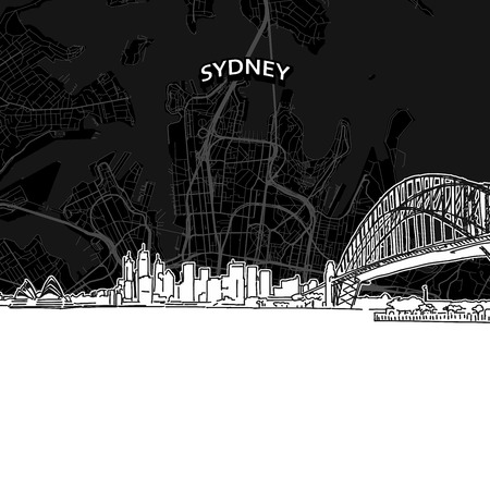 Vector drawing of Sydney skyline with map. Australia travel landmark. Black and white cover and background concept.のイラスト素材