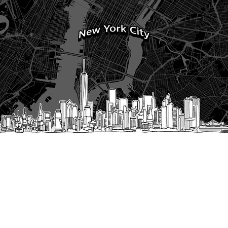 Vector drawing of New York City skyline with map. USA travel landmark. Black and white cover and background concept.のイラスト素材