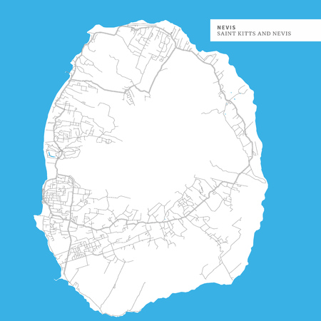 Map of Nevis Island,Â Saint Kitts and Nevis, contains geography outlines for land mass, water, major roads and minor roads.のイラスト素材
