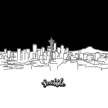 Seattle skyline, outline. Vector drawing of skyline, outline, USA. Black and white illustration concept.のイラスト素材