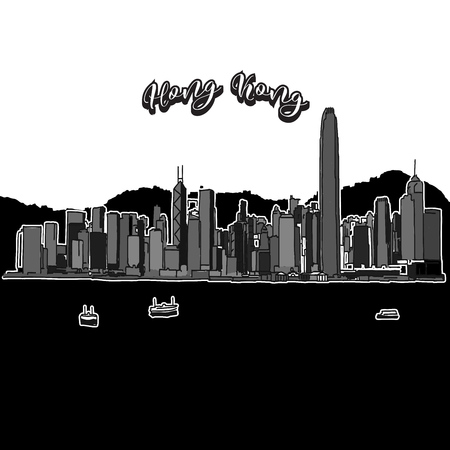 Vector drawing of Hong Kong skyline, outline. China travel landmark. Black and white cover and background concept.のイラスト素材