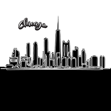 Vector drawing of Chicago skyline, outline. USA travel landmark. Black and white cover and background concept.のイラスト素材