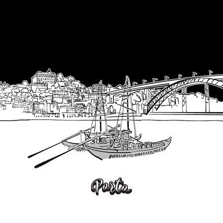 Porto skyline, outline. Vector drawing of skyline, outline, Portugal. Black and white illustration concept.のイラスト素材