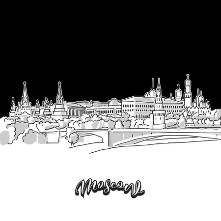 Vector drawing of Moscow skyline, outline. Russia travel landmark. Black and white cover and background concept.のイラスト素材