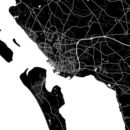 Area map of Esbjerg, Denmark. Dark background version for infographic and marketing projects. This map of Esbjerg, contains typical landmarks with streets, waterways and railways.のイラスト素材
