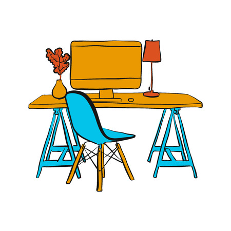workplace with computer and chair. hand-drawn vector sketch. business concept design.のイラスト素材