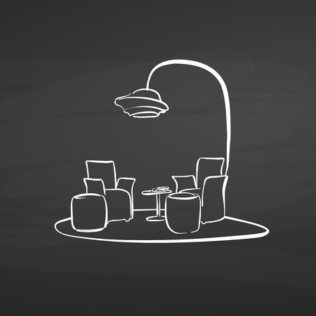 sitting area drawing on chalkboard. hand-drawn vector sketch. business concept design.のイラスト素材