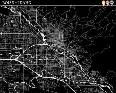 Simple map of Boise, Idaho, USA. Black and white version for clean backgrounds and prints. This map of Boise contains three markers who are grouped and can be moved separetly in vector version.のイラスト素材