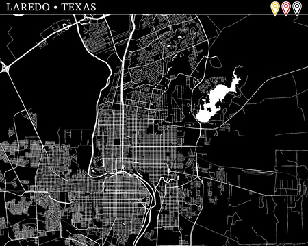 Simple map of Laredo, Texas, USA. Black and white version for clean backgrounds and prints. This map of Laredo contains three markers who are grouped and can be moved separetly in vector version.のイラスト素材