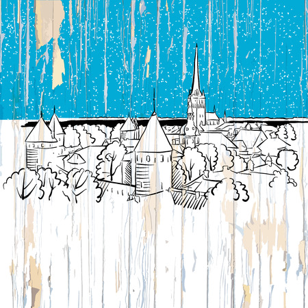 Tallin, Latvia sketch on wood. Vector illustration on vintage background.のイラスト素材