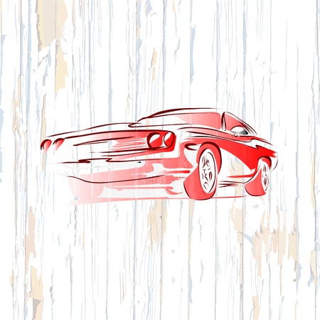 Vintage muscle car drawing on wooden background. Vector illustration drawn by hand.のイラスト素材