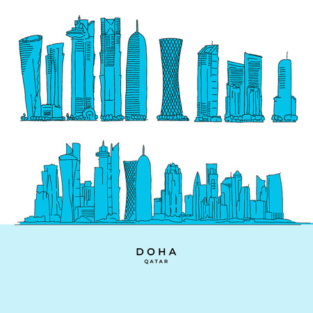 Doha Qatar Skyscraper set. Hand-drawn vector illustration. Famous travel destinations series.のイラスト素材
