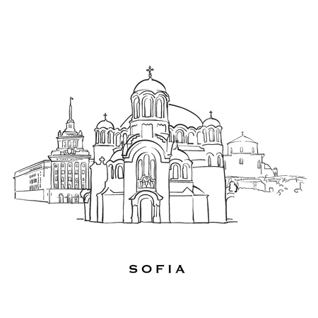 Sofia Bulgaria famous architecture. Outlined vector sketch separated on white background. Architecture drawings of all European capitals.のイラスト素材