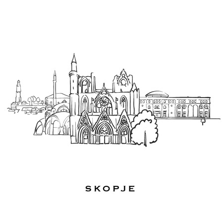 Skopje Macedonia famous architecture. Outlined vector sketch separated on white background. Architecture drawings of all European capitals.のイラスト素材