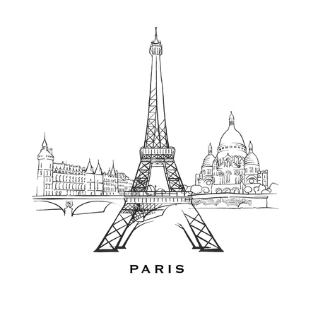 Paris France famous architecture. Outlined vector sketch separated on white background. Architecture drawings of all European capitals.のイラスト素材