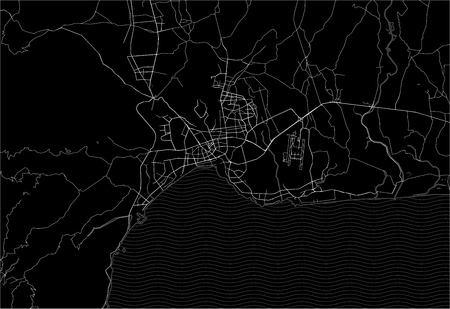 Dark area map of Antalya, Turkey. This artmap of Antalya contains geography lines for land mass, water, major and minor roads.のイラスト素材