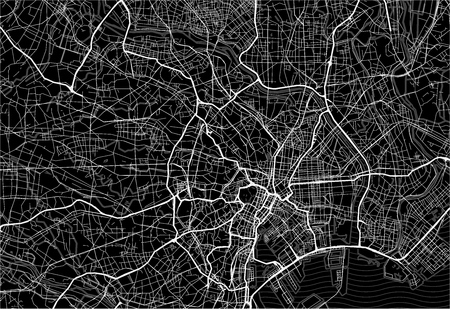 Dark area map of Tokyo, Japan. This artmap of Tokyo contains geography lines for land mass, water, major and minor roads.のイラスト素材