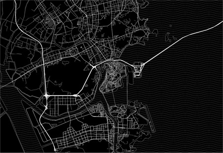 Dark area map of Macau. This artmap of Macau contains geography lines for land mass, water, major and minor roads.のイラスト素材