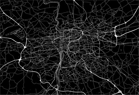 Dark area map of Prague, Czech Republic. This artmap of Prague contains geography lines for land mass, water, major and minor roads.のイラスト素材