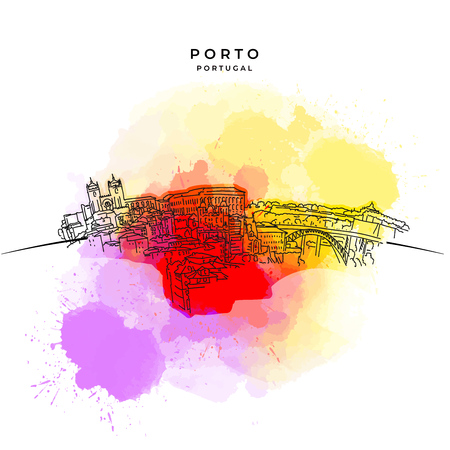 On the roofs of Porto. Hand-drawn vector illustration. Famous travel destinations series.のイラスト素材