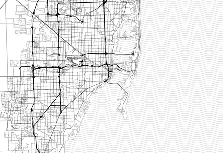 Area map of Miami, United States. This artmap of Miami contains geography lines for land mass, water, major and minor roads.のイラスト素材