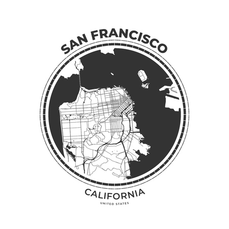 T-shirt map badge of San Francisco, California. Tee shirt print typography label badge emblem. Vector illustrationのイラスト素材