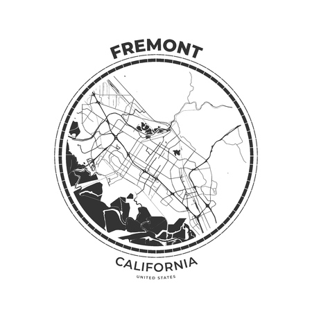 T-shirt map badge of Fremont, California. Tee shirt print typography label badge emblem. Vector illustrationのイラスト素材