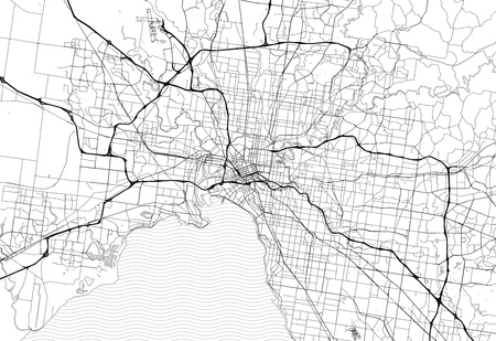 Area map of Melbourne, Australia. This artmap of Melbourne contains geography lines for land mass, water, major and minor roads.のイラスト素材