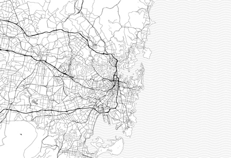 Area map of Sydney, Australia. This artmap of Sydney contains geography lines for land mass, water, major and minor roads.のイラスト素材