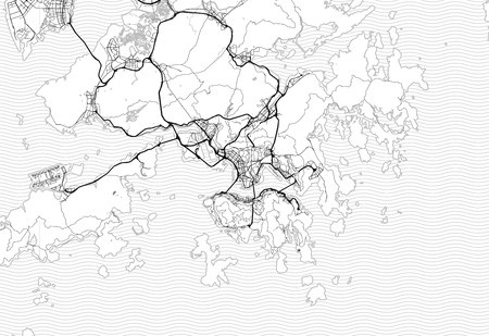 Area map of Hong Kong, China. This artmap of Hong Kong contains geography lines for land mass, water, major and minor roads.のイラスト素材