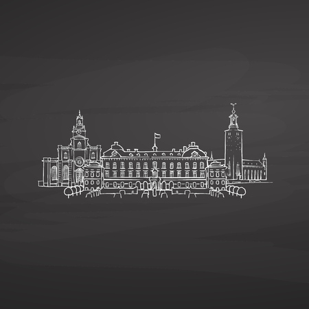 Stockholm Sweden signs on blackboard. Digital chalk drawn vector sketch on blackboard. European capitals destinations.のイラスト素材