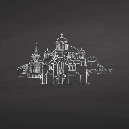 Sofia Bulgaria signs on blackboard. Digital chalk drawn vector sketch on blackboard. European capitals destinations.のイラスト素材